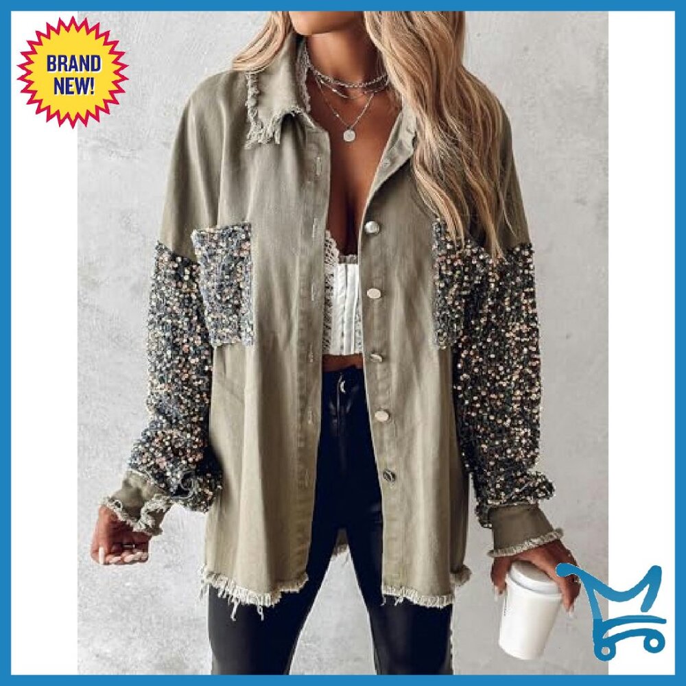 Oversized Denim Shacket with Sequin Patchwork Lon… - image 4